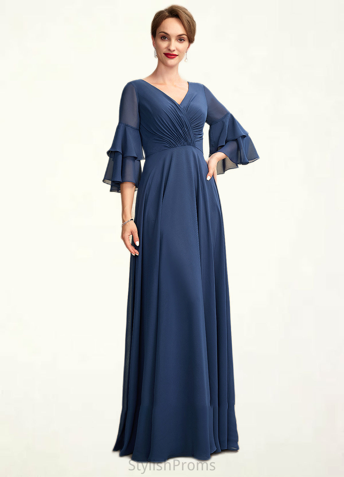 Athena A-Line V-neck Floor-Length Chiffon Mother of the Bride Dress With Cascading Ruffles HQ126P0015003