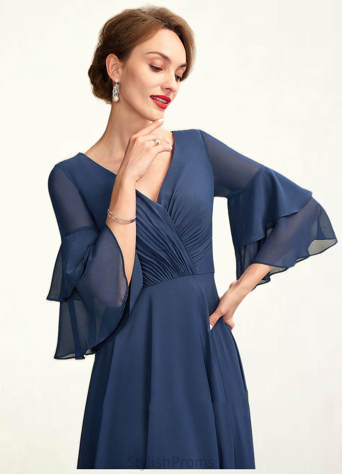 Athena A-Line V-neck Floor-Length Chiffon Mother of the Bride Dress With Cascading Ruffles HQ126P0015003