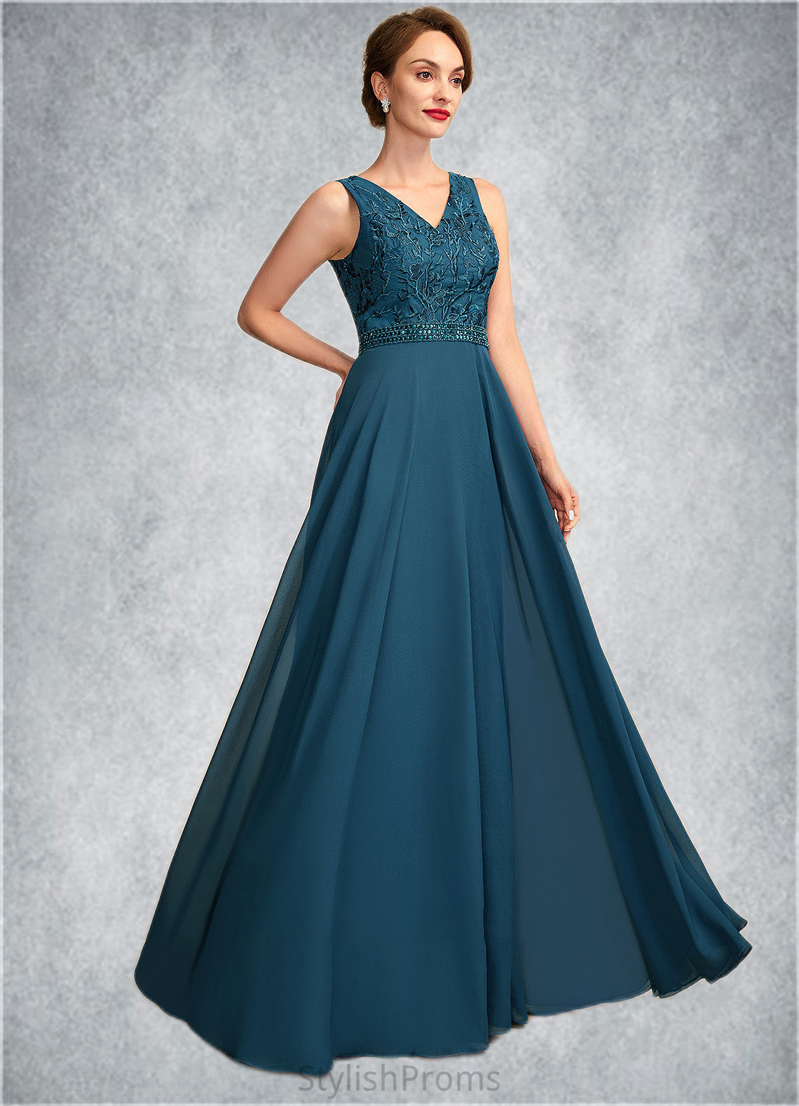 Gabrielle A-Line V-neck Floor-Length Chiffon Lace Mother of the Bride Dress With Beading Sequins HQ126P0015004