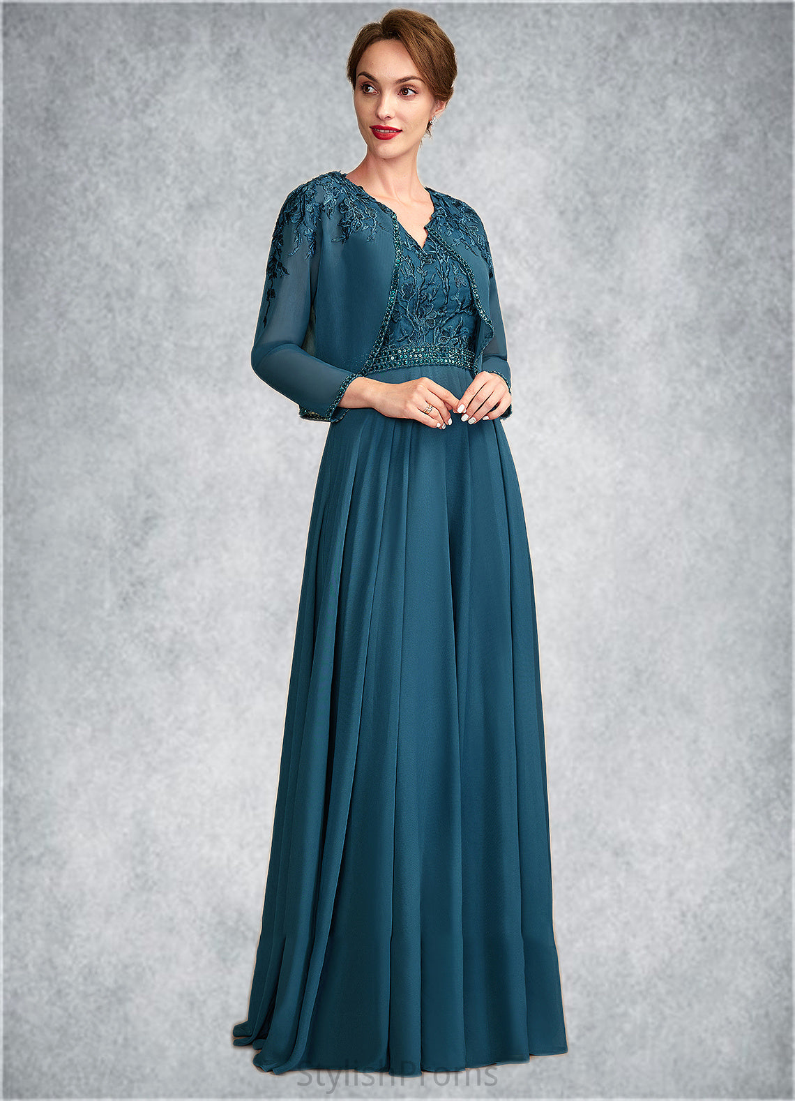 Gabrielle A-Line V-neck Floor-Length Chiffon Lace Mother of the Bride Dress With Beading Sequins HQ126P0015004