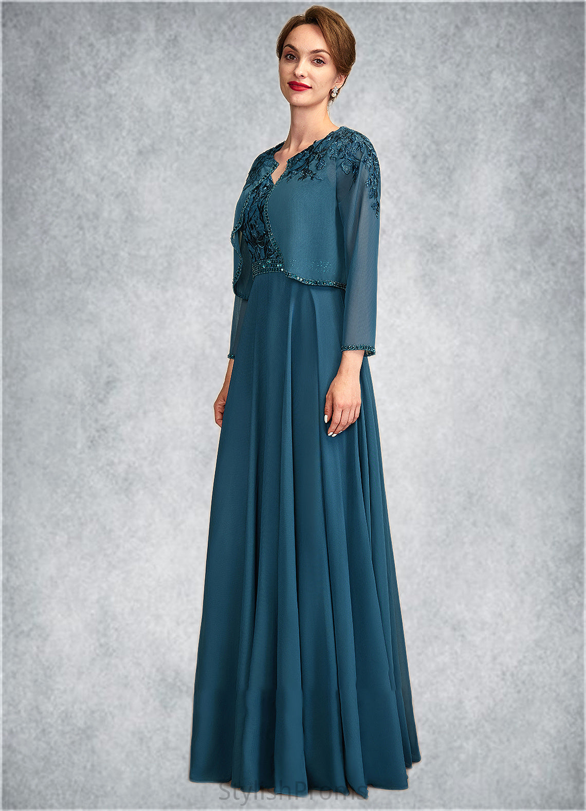 Gabrielle A-Line V-neck Floor-Length Chiffon Lace Mother of the Bride Dress With Beading Sequins HQ126P0015004