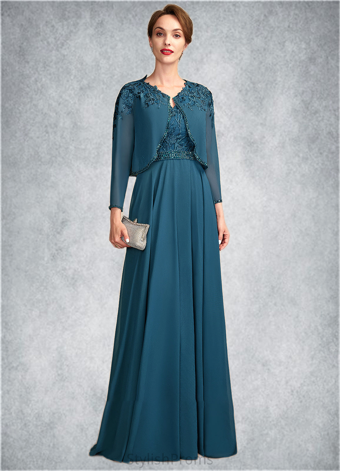 Gabrielle A-Line V-neck Floor-Length Chiffon Lace Mother of the Bride Dress With Beading Sequins HQ126P0015004