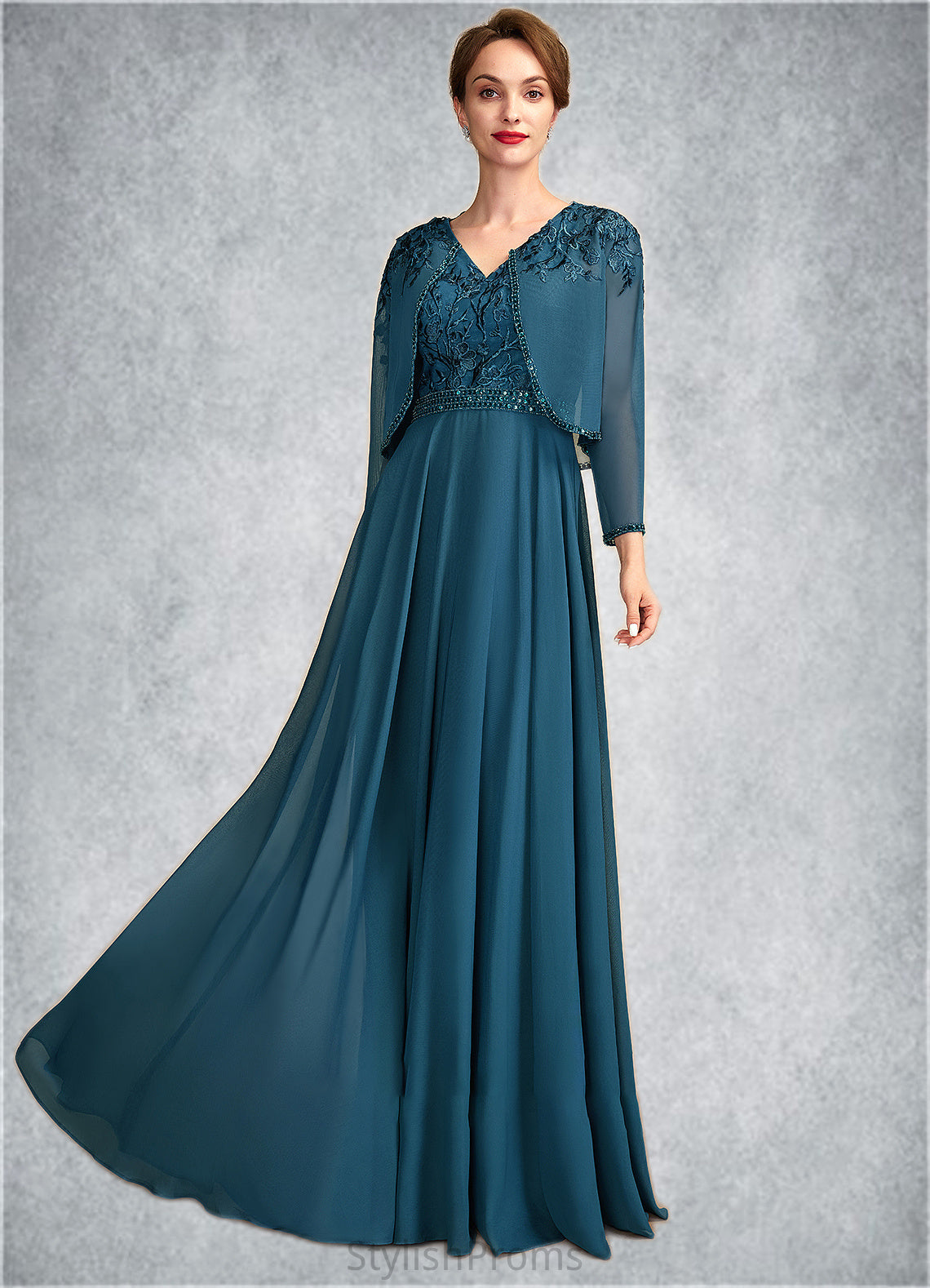 Gabrielle A-Line V-neck Floor-Length Chiffon Lace Mother of the Bride Dress With Beading Sequins HQ126P0015004