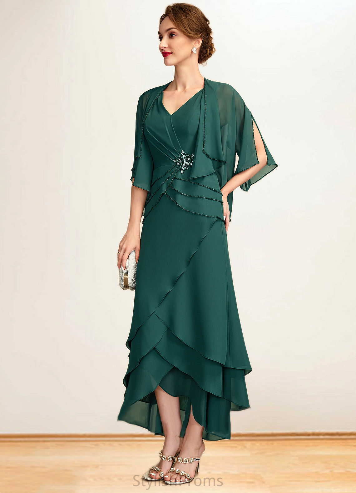 Isabelle A-Line V-neck Asymmetrical Chiffon Mother of the Bride Dress With Beading Sequins Cascading Ruffles HQ126P0015005