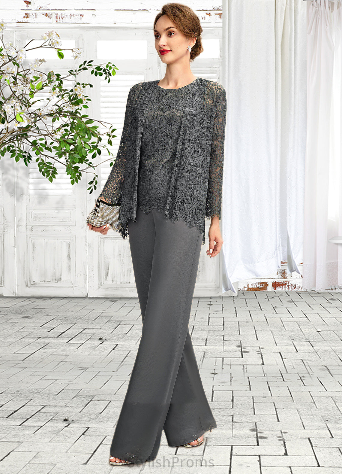 Allison Jumpsuit/Pantsuit Scoop Neck Floor-Length Chiffon Lace Mother of the Bride Dress HQ126P0015006