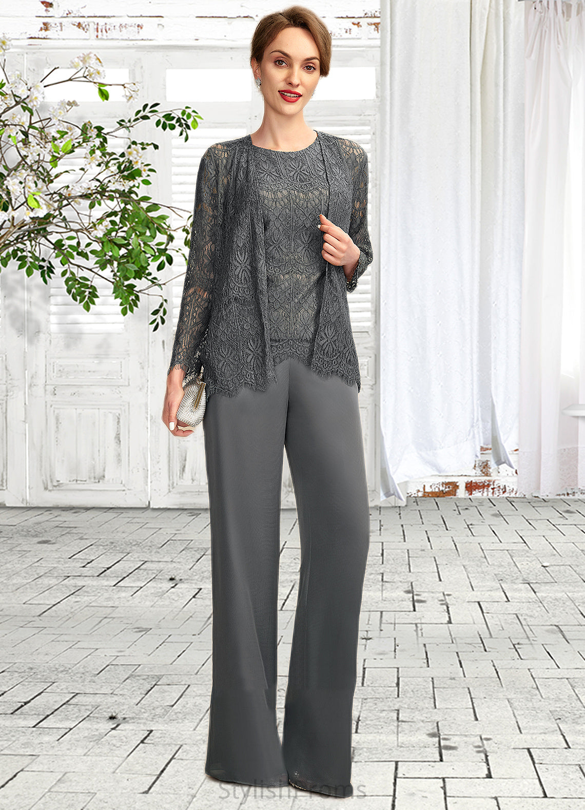 Allison Jumpsuit/Pantsuit Scoop Neck Floor-Length Chiffon Lace Mother of the Bride Dress HQ126P0015006