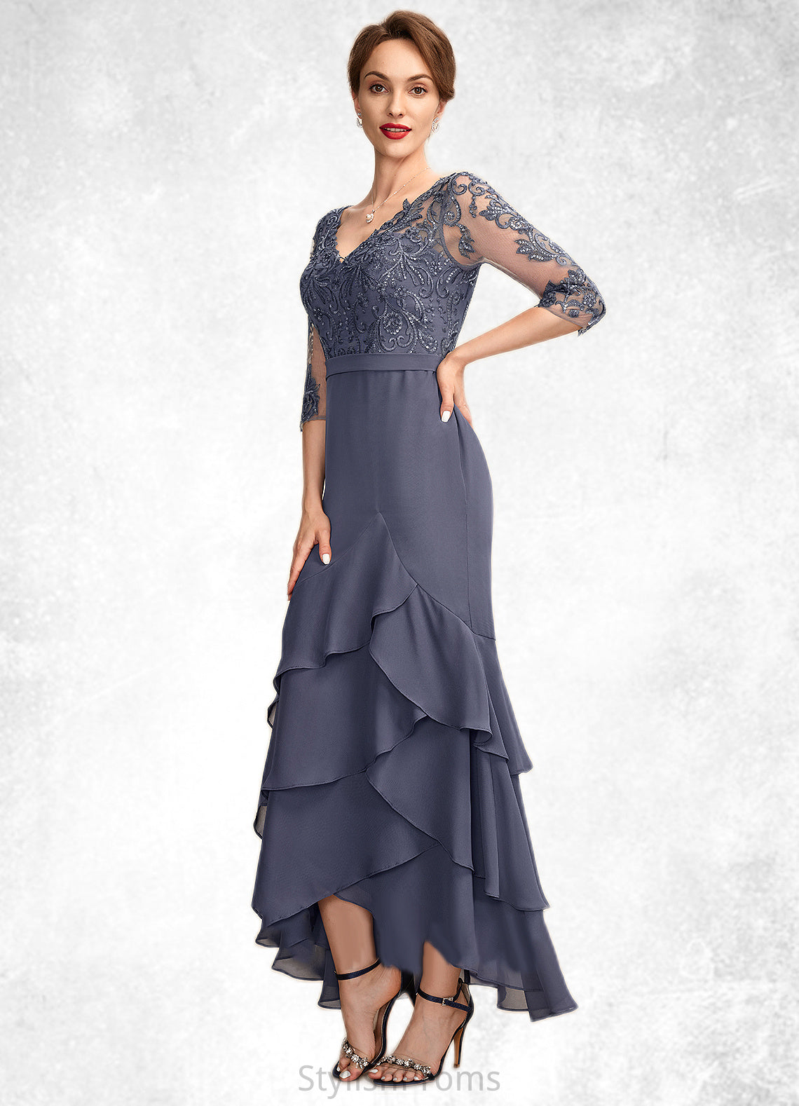 Sierra Trumpet/Mermaid V-neck Asymmetrical Chiffon Lace Mother of the Bride Dress With Sequins Cascading Ruffles HQ126P0015007