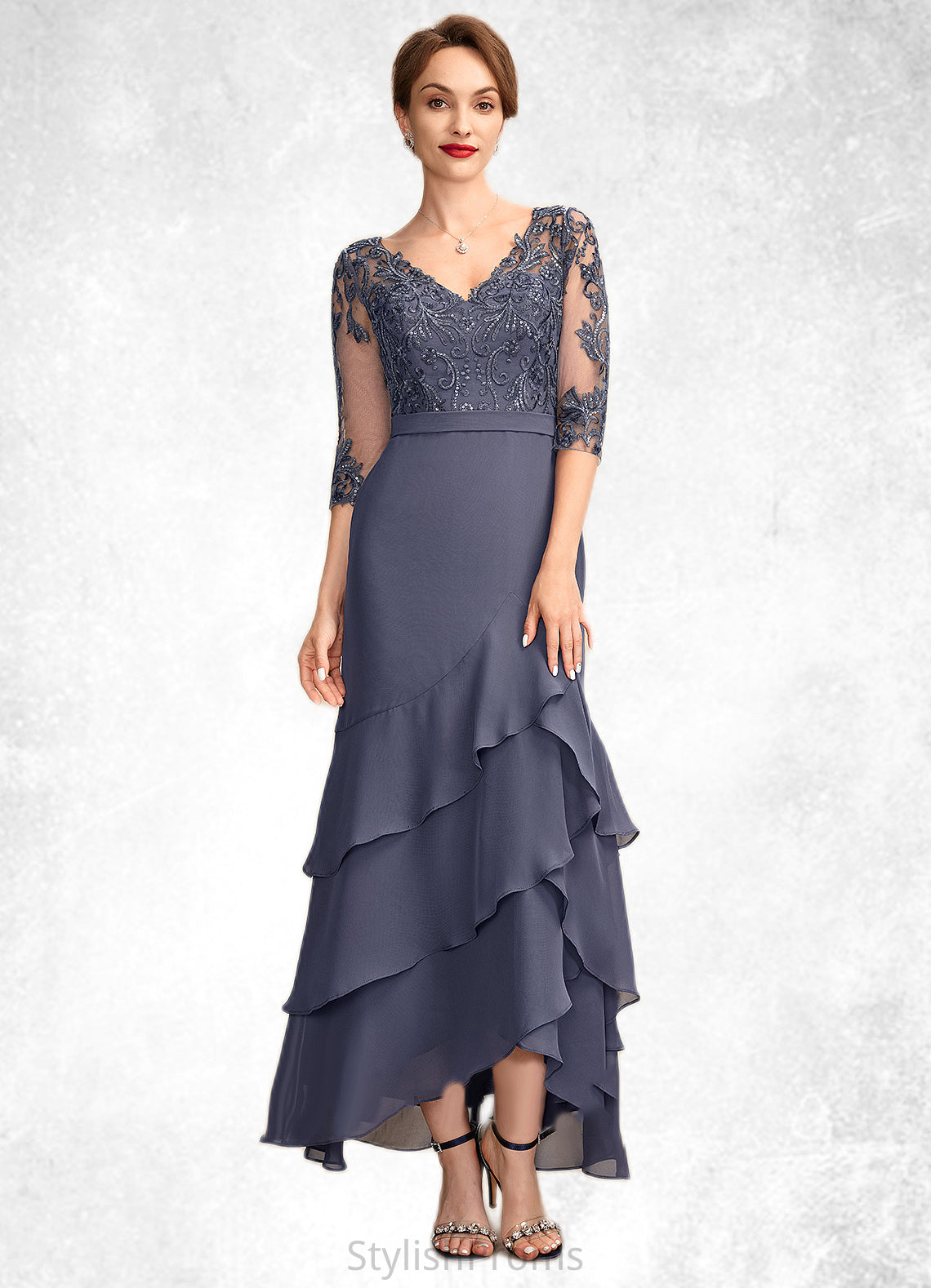 Sierra Trumpet/Mermaid V-neck Asymmetrical Chiffon Lace Mother of the Bride Dress With Sequins Cascading Ruffles HQ126P0015007