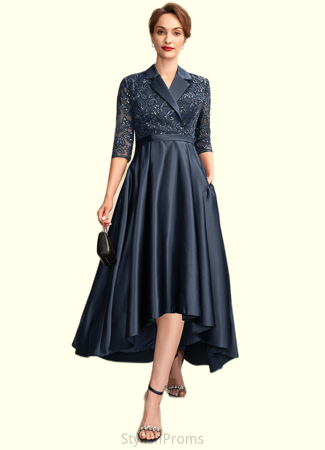 Norah A-Line V-neck Asymmetrical Satin Lace Mother of the Bride Dress With Sequins Pockets HQ126P0015008