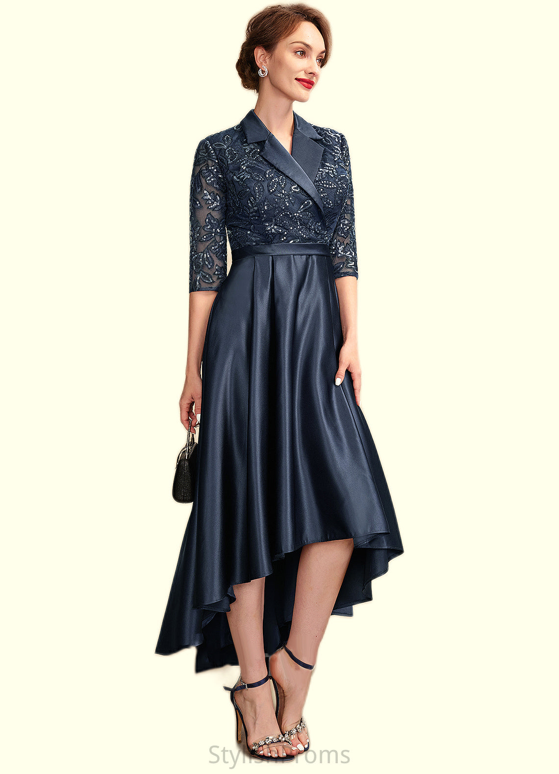 Norah A-Line V-neck Asymmetrical Satin Lace Mother of the Bride Dress With Sequins Pockets HQ126P0015008