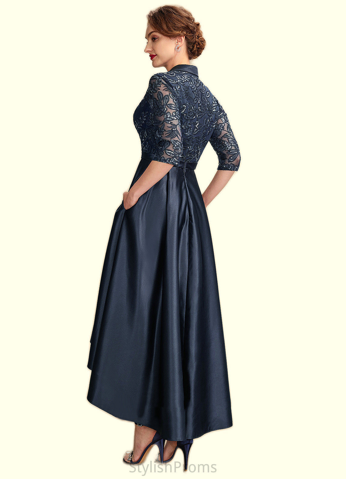 Norah A-Line V-neck Asymmetrical Satin Lace Mother of the Bride Dress With Sequins Pockets HQ126P0015008