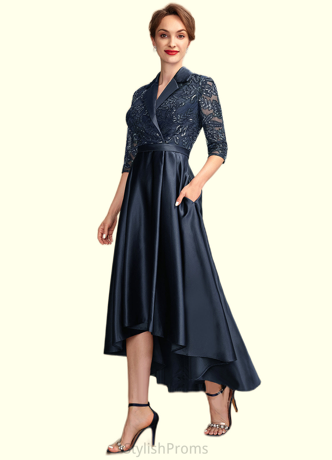 Norah A-Line V-neck Asymmetrical Satin Lace Mother of the Bride Dress With Sequins Pockets HQ126P0015008