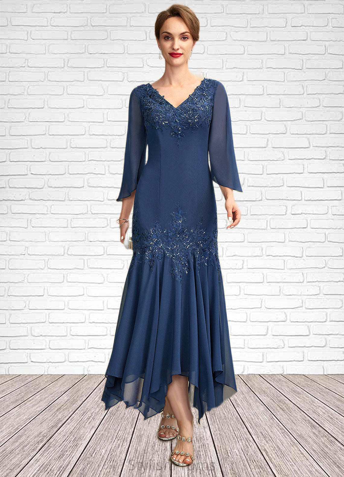 Hannah Trumpet/Mermaid V-neck Ankle-Length Chiffon Mother of the Bride Dress With Appliques Lace Sequins HQ126P0015009