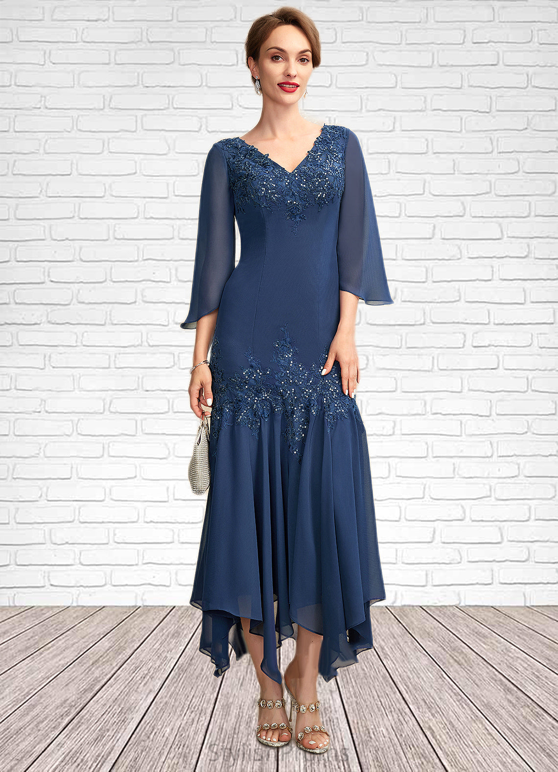 Hannah Trumpet/Mermaid V-neck Ankle-Length Chiffon Mother of the Bride Dress With Appliques Lace Sequins HQ126P0015009