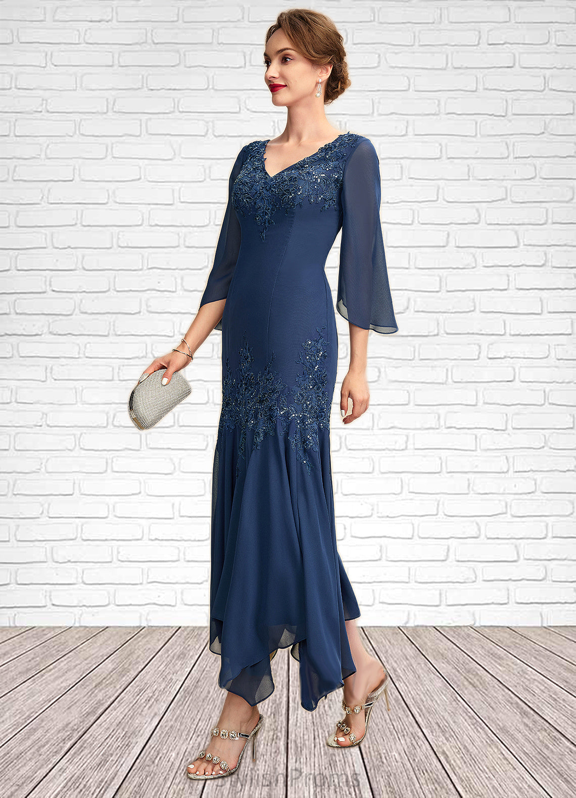 Hannah Trumpet/Mermaid V-neck Ankle-Length Chiffon Mother of the Bride Dress With Appliques Lace Sequins HQ126P0015009