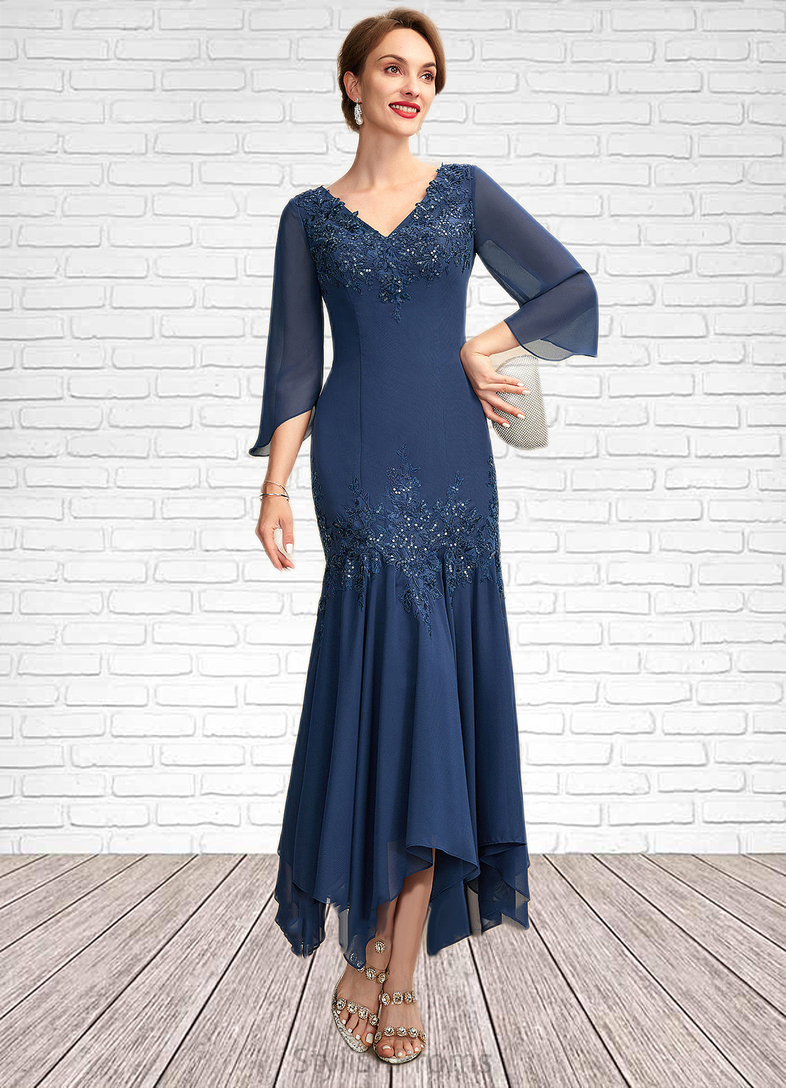 Hannah Trumpet/Mermaid V-neck Ankle-Length Chiffon Mother of the Bride Dress With Appliques Lace Sequins HQ126P0015009