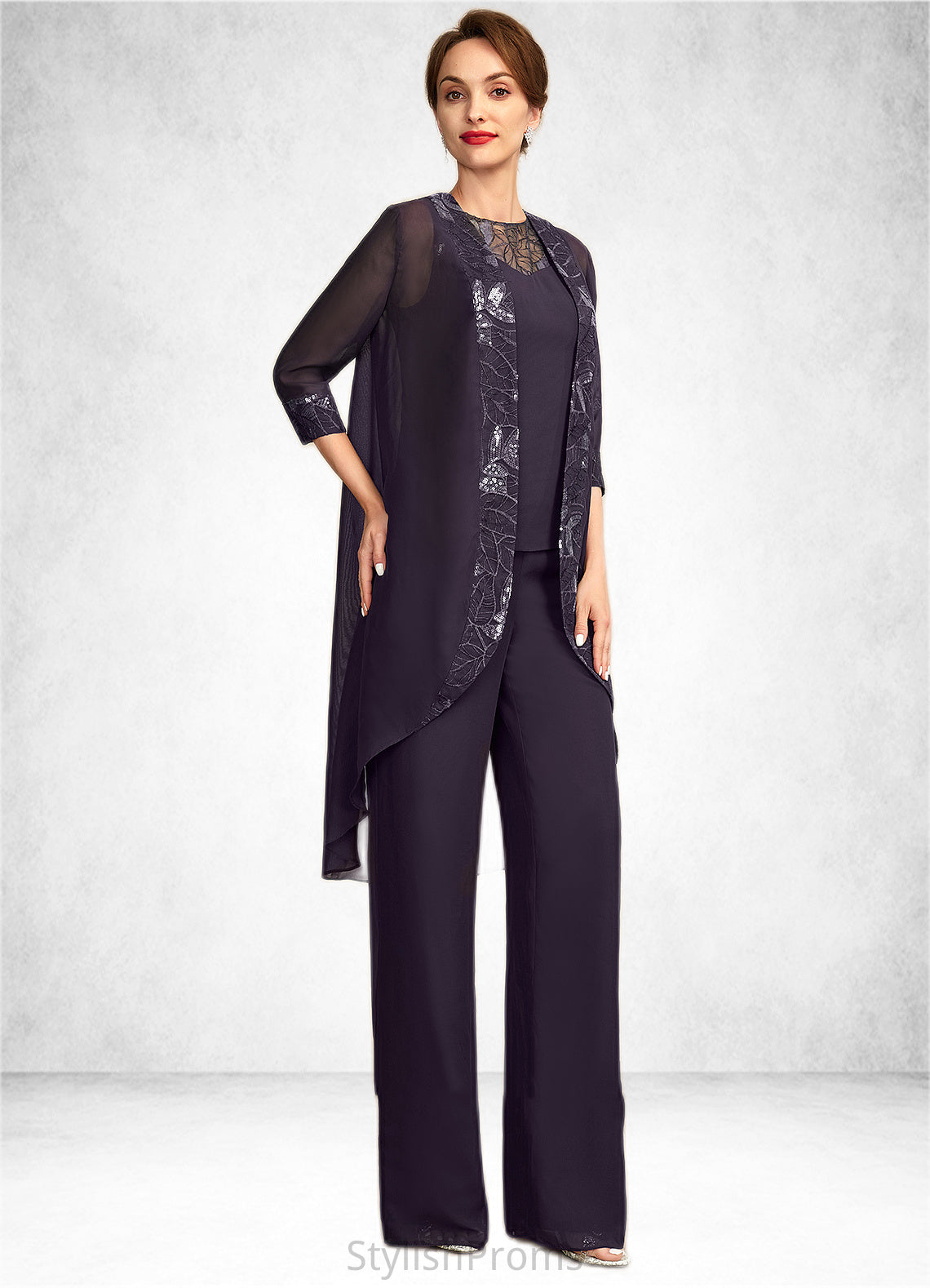 Margaret Jumpsuit/Pantsuit Scoop Neck Floor-Length Chiffon Lace Mother of the Bride Dress With Sequins HQ126P0015010