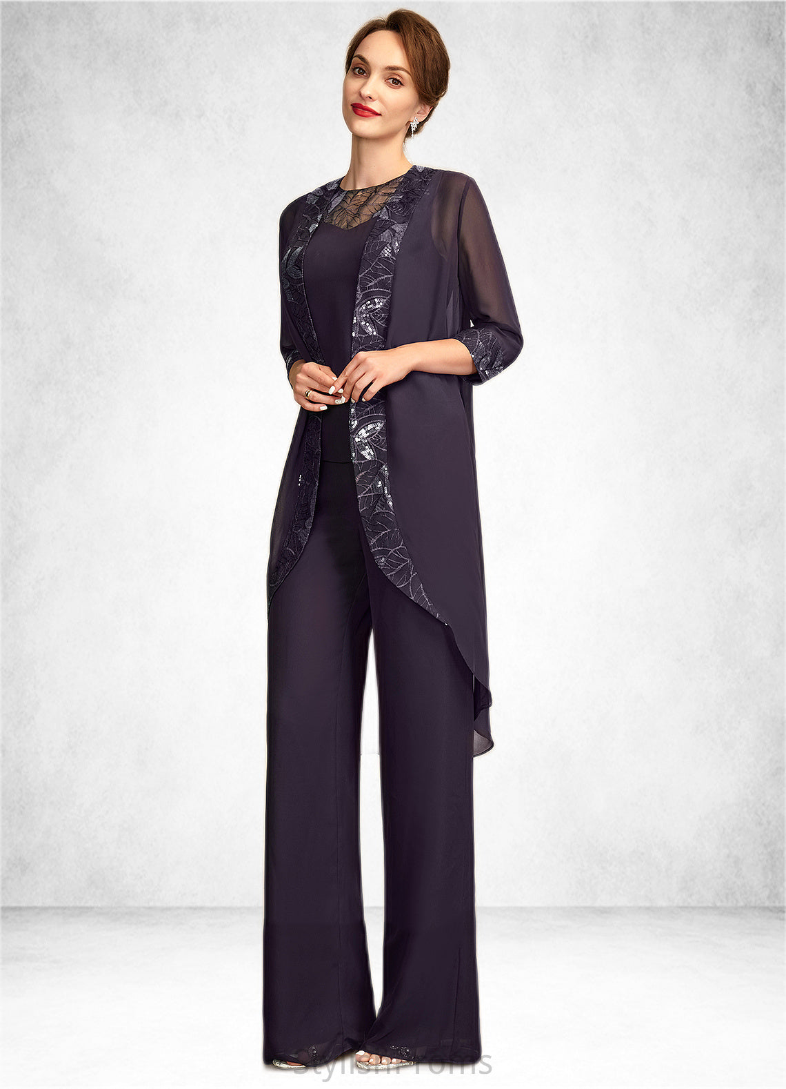 Margaret Jumpsuit/Pantsuit Scoop Neck Floor-Length Chiffon Lace Mother of the Bride Dress With Sequins HQ126P0015010