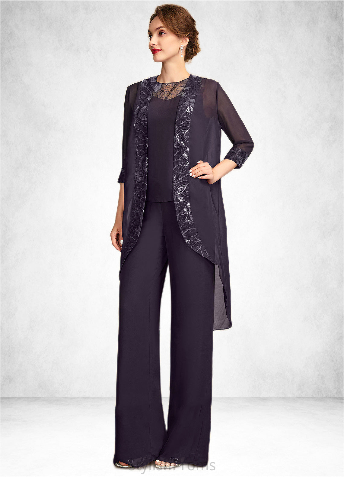 Margaret Jumpsuit/Pantsuit Scoop Neck Floor-Length Chiffon Lace Mother of the Bride Dress With Sequins HQ126P0015010