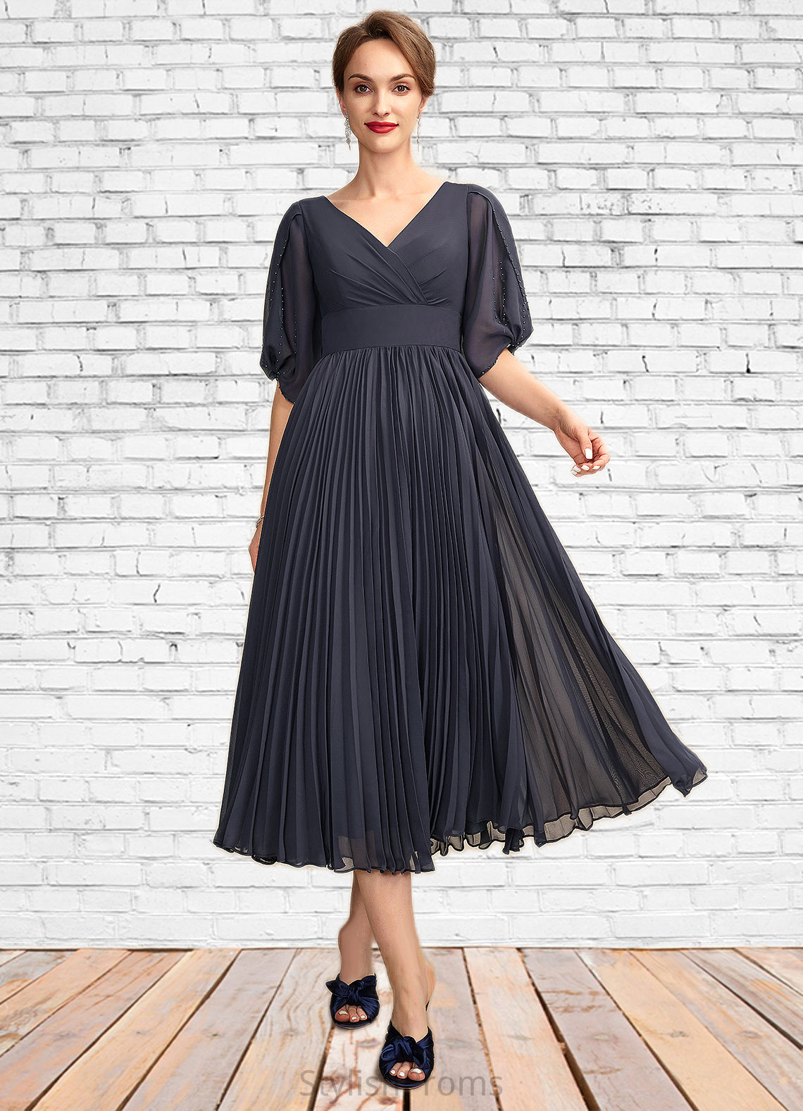 Alina A-Line V-neck Tea-Length Chiffon Mother of the Bride Dress With Pleated HQ126P0015012