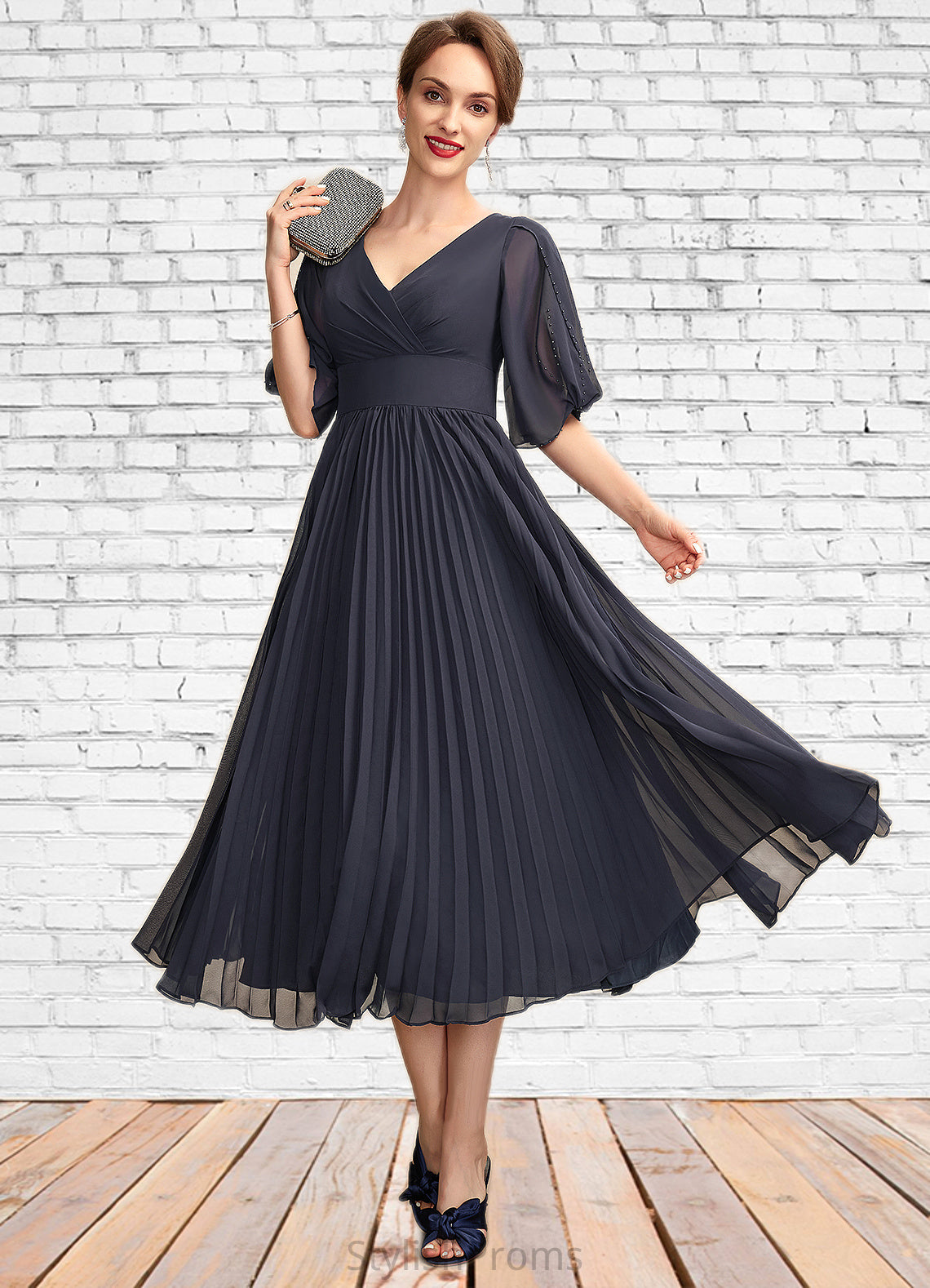 Alina A-Line V-neck Tea-Length Chiffon Mother of the Bride Dress With Pleated HQ126P0015012