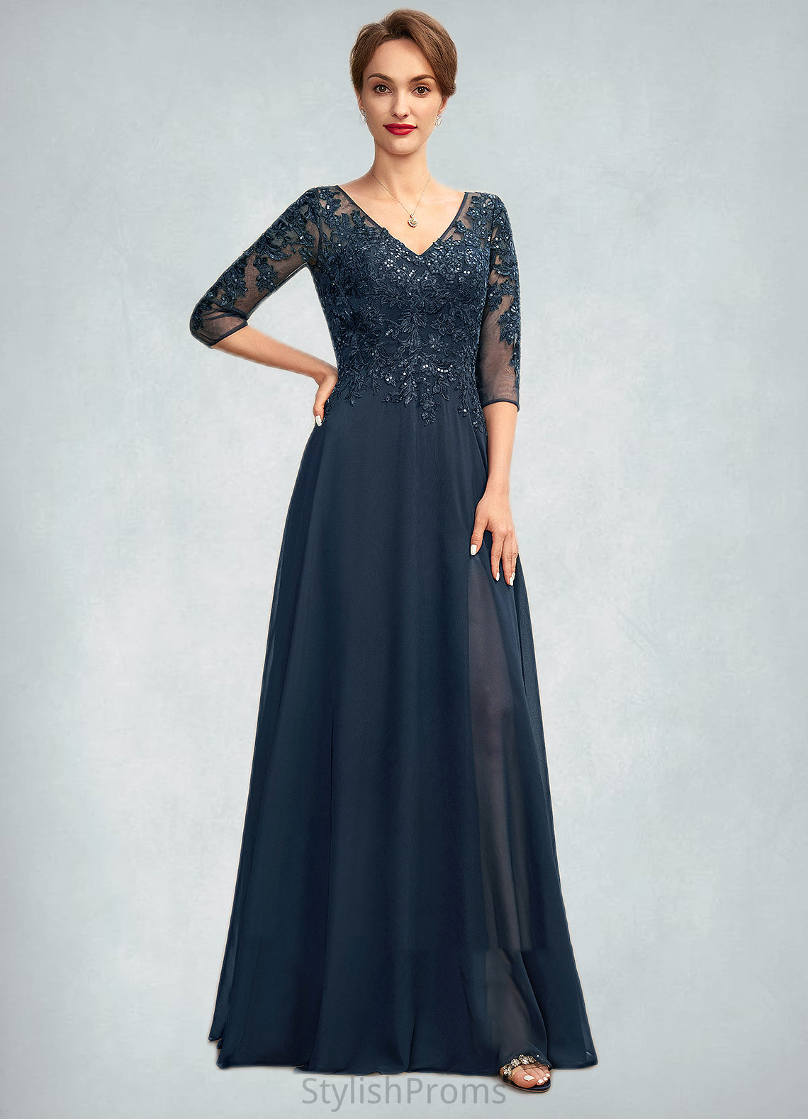 Shaniya A-Line V-neck Floor-Length Chiffon Lace Mother of the Bride Dress With Sequins Split Front HQ126P0015014