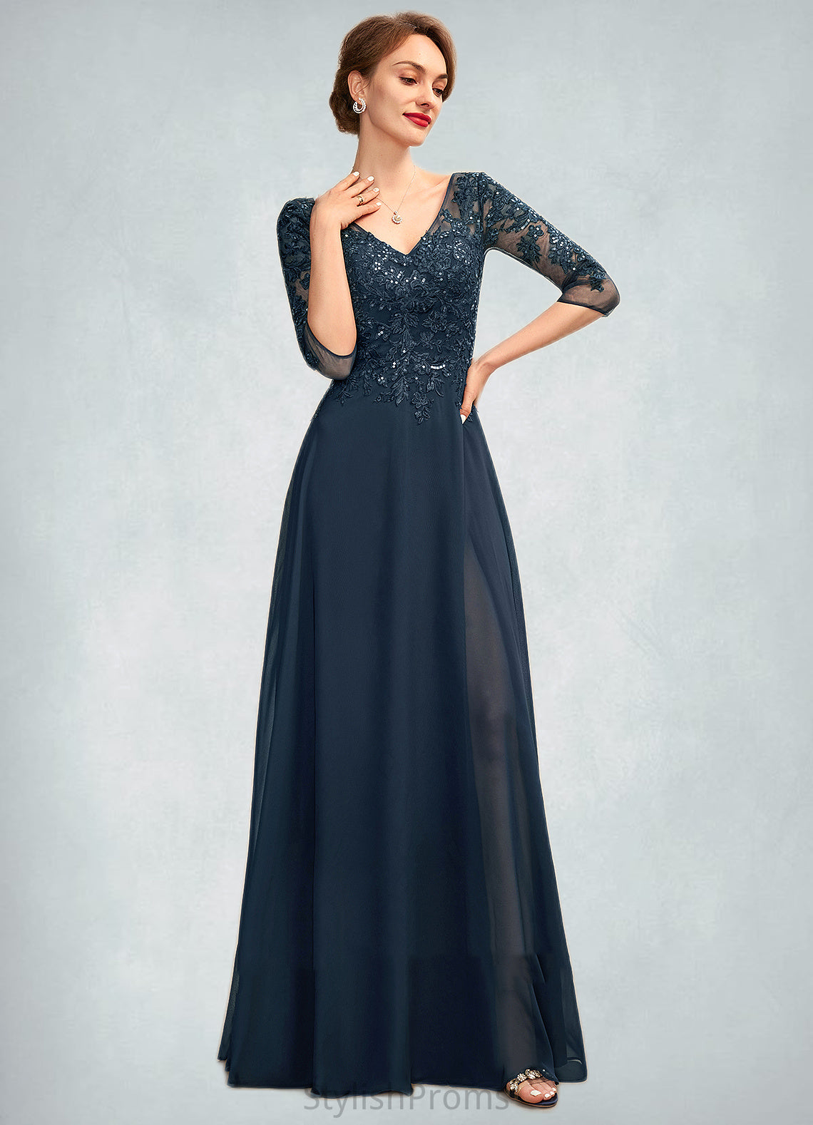 Shaniya A-Line V-neck Floor-Length Chiffon Lace Mother of the Bride Dress With Sequins Split Front HQ126P0015014