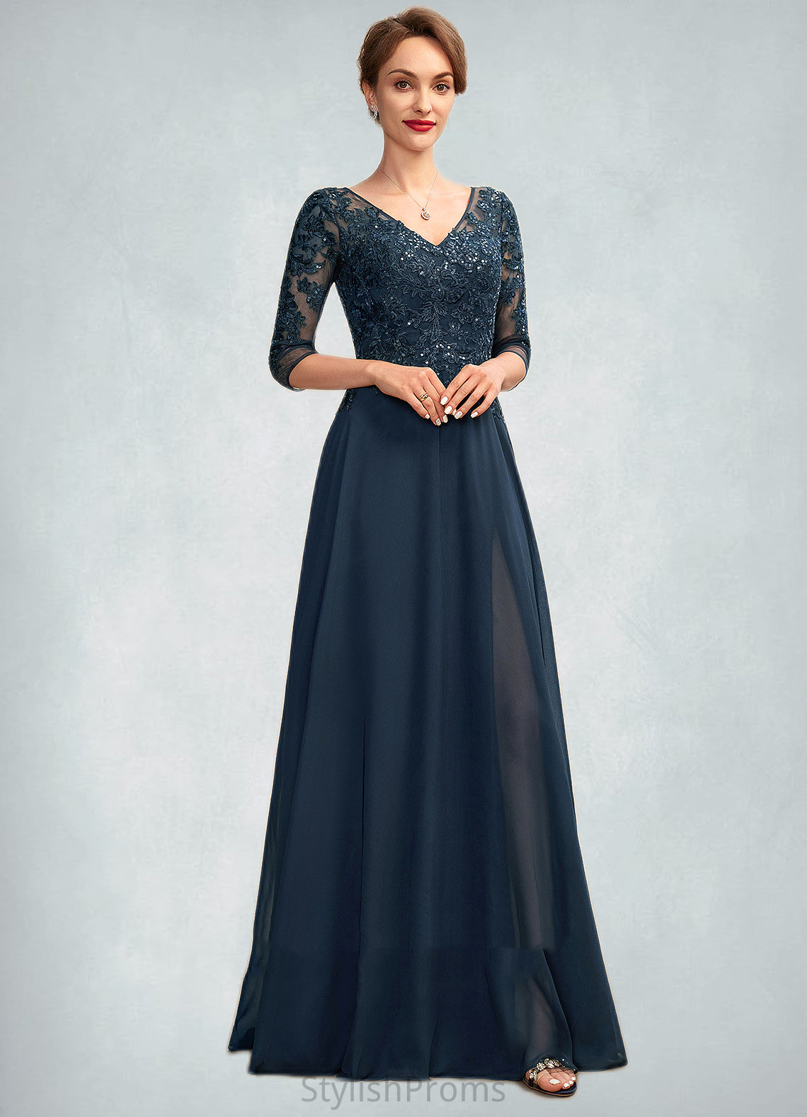 Shaniya A-Line V-neck Floor-Length Chiffon Lace Mother of the Bride Dress With Sequins Split Front HQ126P0015014