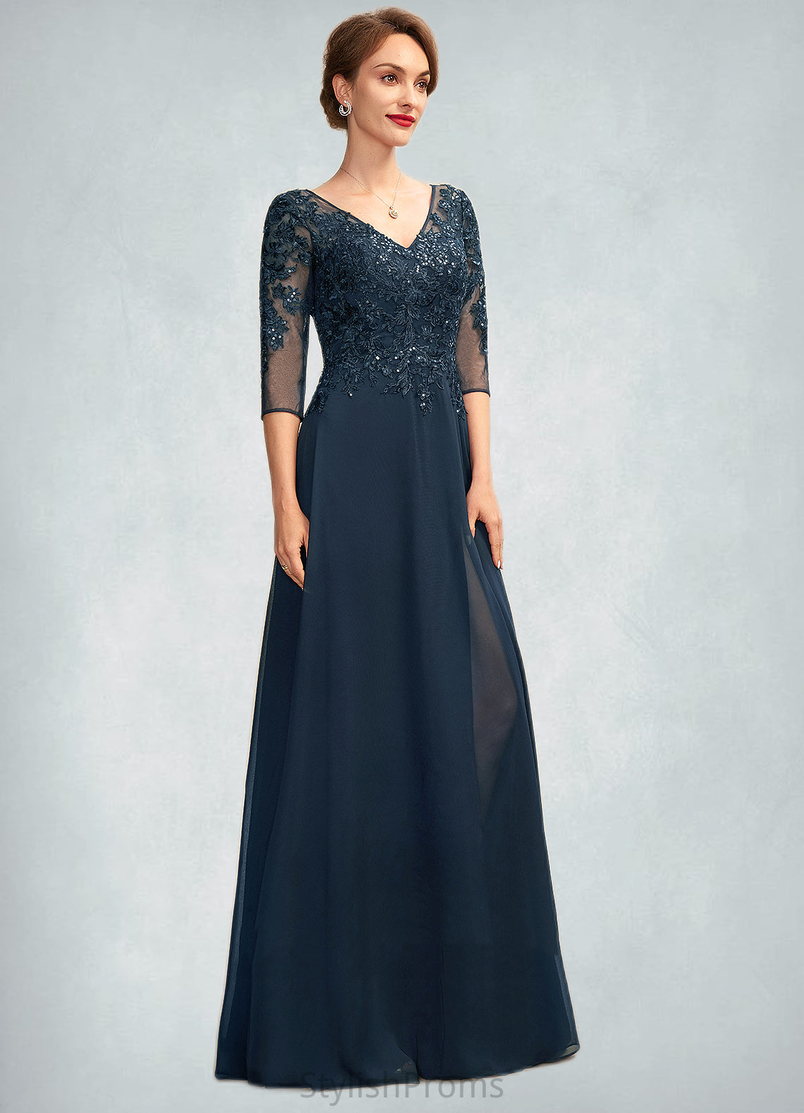 Shaniya A-Line V-neck Floor-Length Chiffon Lace Mother of the Bride Dress With Sequins Split Front HQ126P0015014