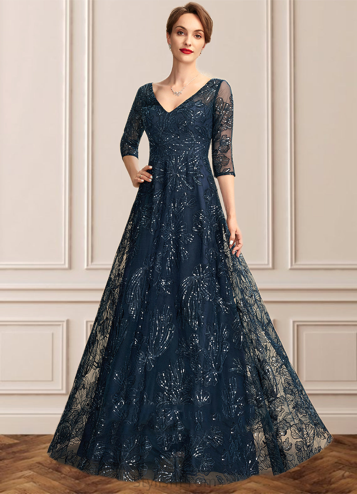 Sydnee A-Line V-neck Floor-Length Lace Mother of the Bride Dress With Sequins HQ126P0015015