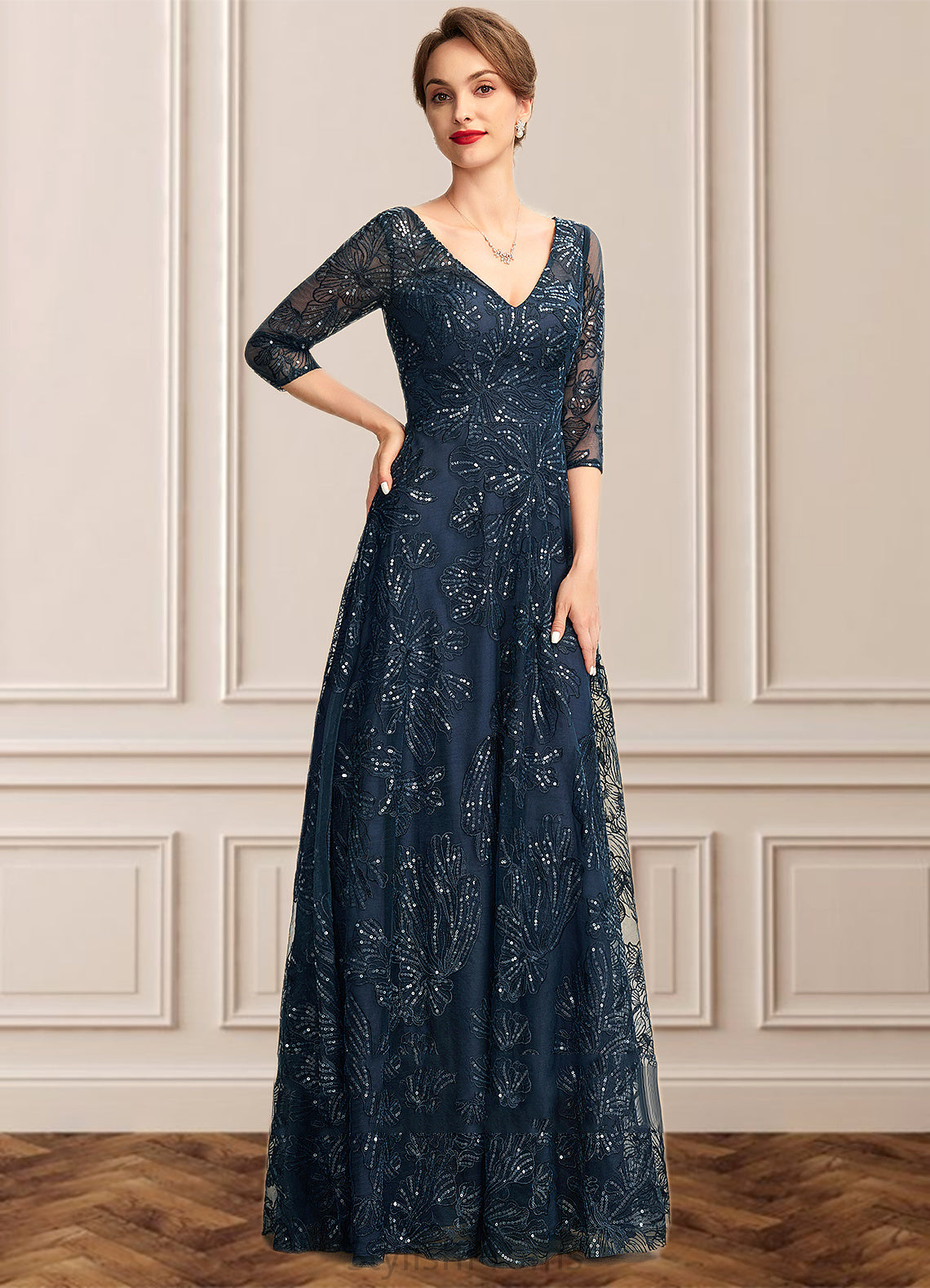 Sydnee A-Line V-neck Floor-Length Lace Mother of the Bride Dress With Sequins HQ126P0015015