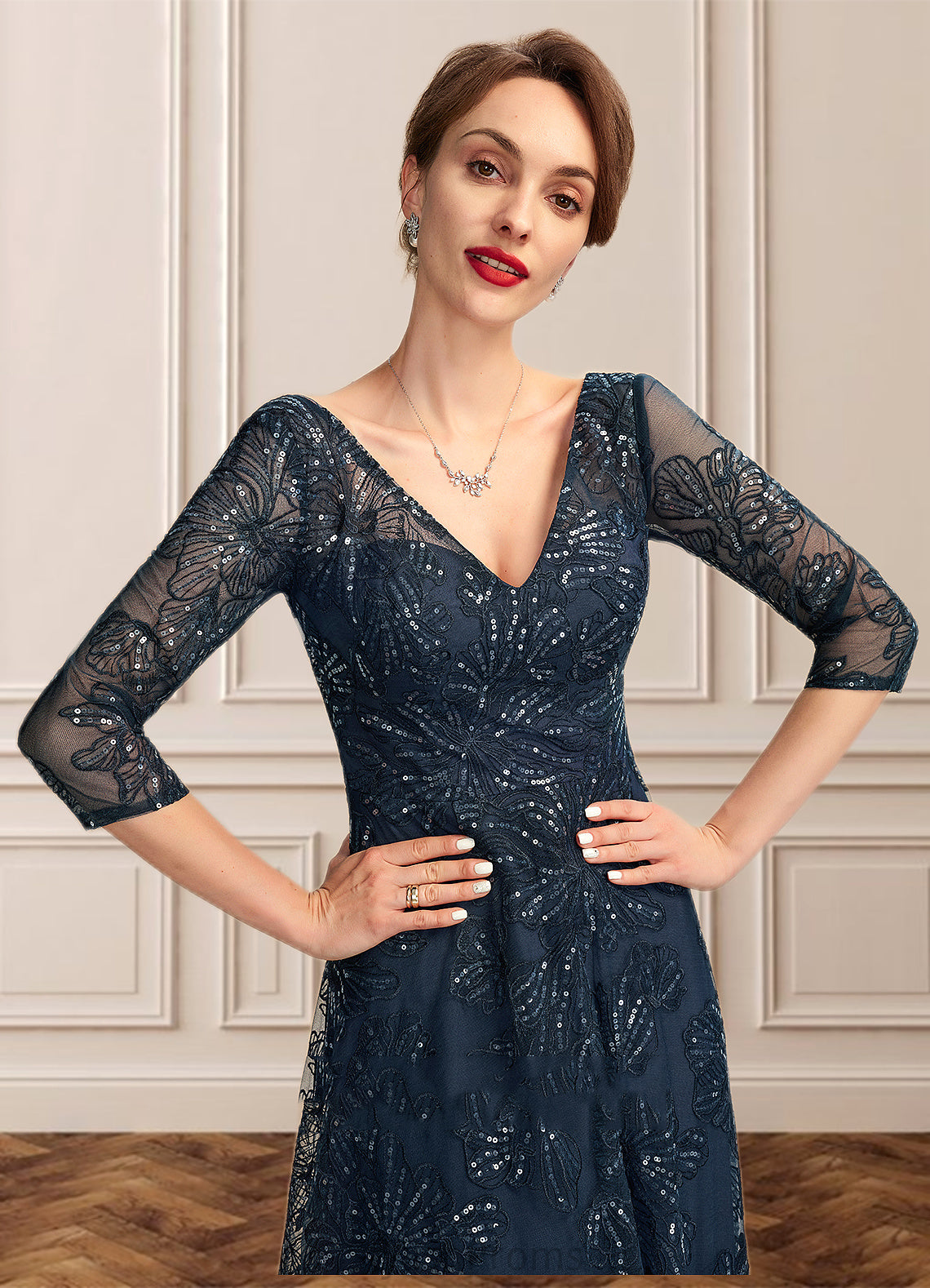 Sydnee A-Line V-neck Floor-Length Lace Mother of the Bride Dress With Sequins HQ126P0015015