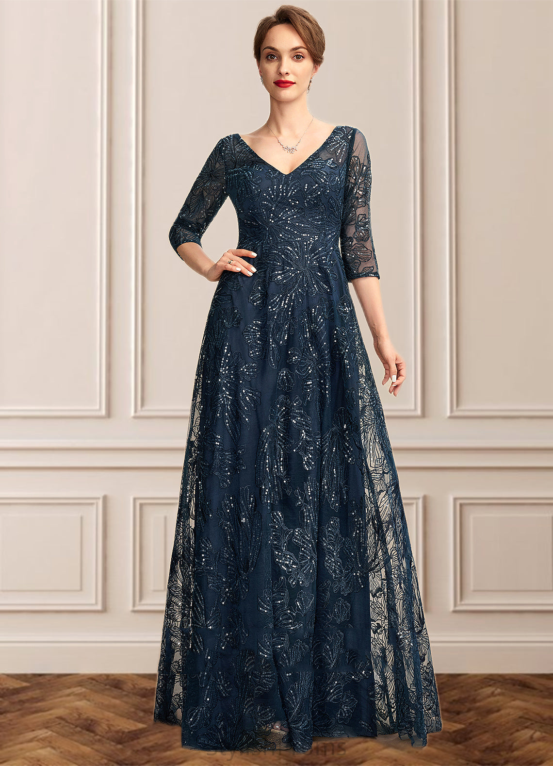 Sydnee A-Line V-neck Floor-Length Lace Mother of the Bride Dress With Sequins HQ126P0015015