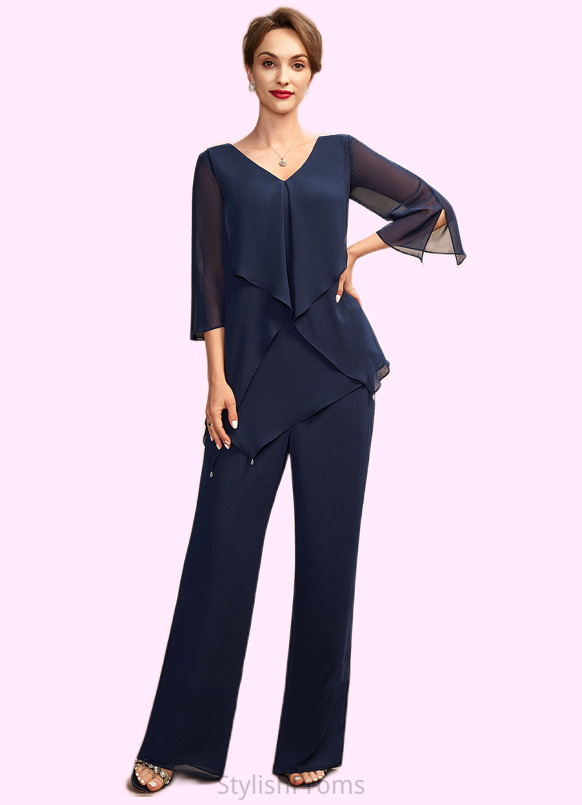 Jeanie Jumpsuit/Pantsuit V-neck Floor-Length Chiffon Mother of the Bride Dress With Cascading Ruffles HQ126P0015019