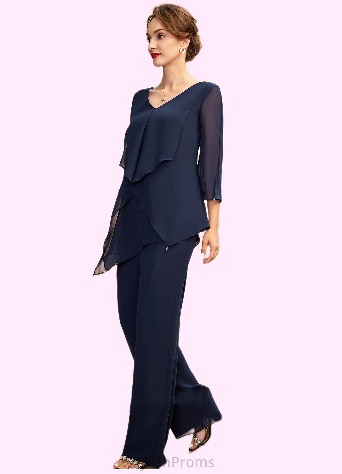 Jeanie Jumpsuit/Pantsuit V-neck Floor-Length Chiffon Mother of the Bride Dress With Cascading Ruffles HQ126P0015019