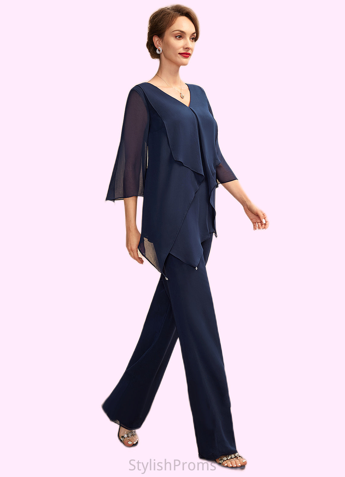 Jeanie Jumpsuit/Pantsuit V-neck Floor-Length Chiffon Mother of the Bride Dress With Cascading Ruffles HQ126P0015019