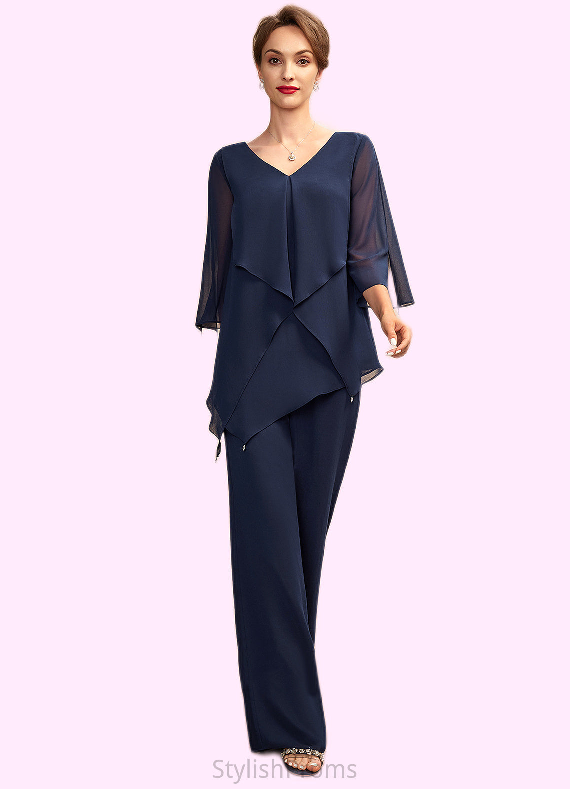 Jeanie Jumpsuit/Pantsuit V-neck Floor-Length Chiffon Mother of the Bride Dress With Cascading Ruffles HQ126P0015019