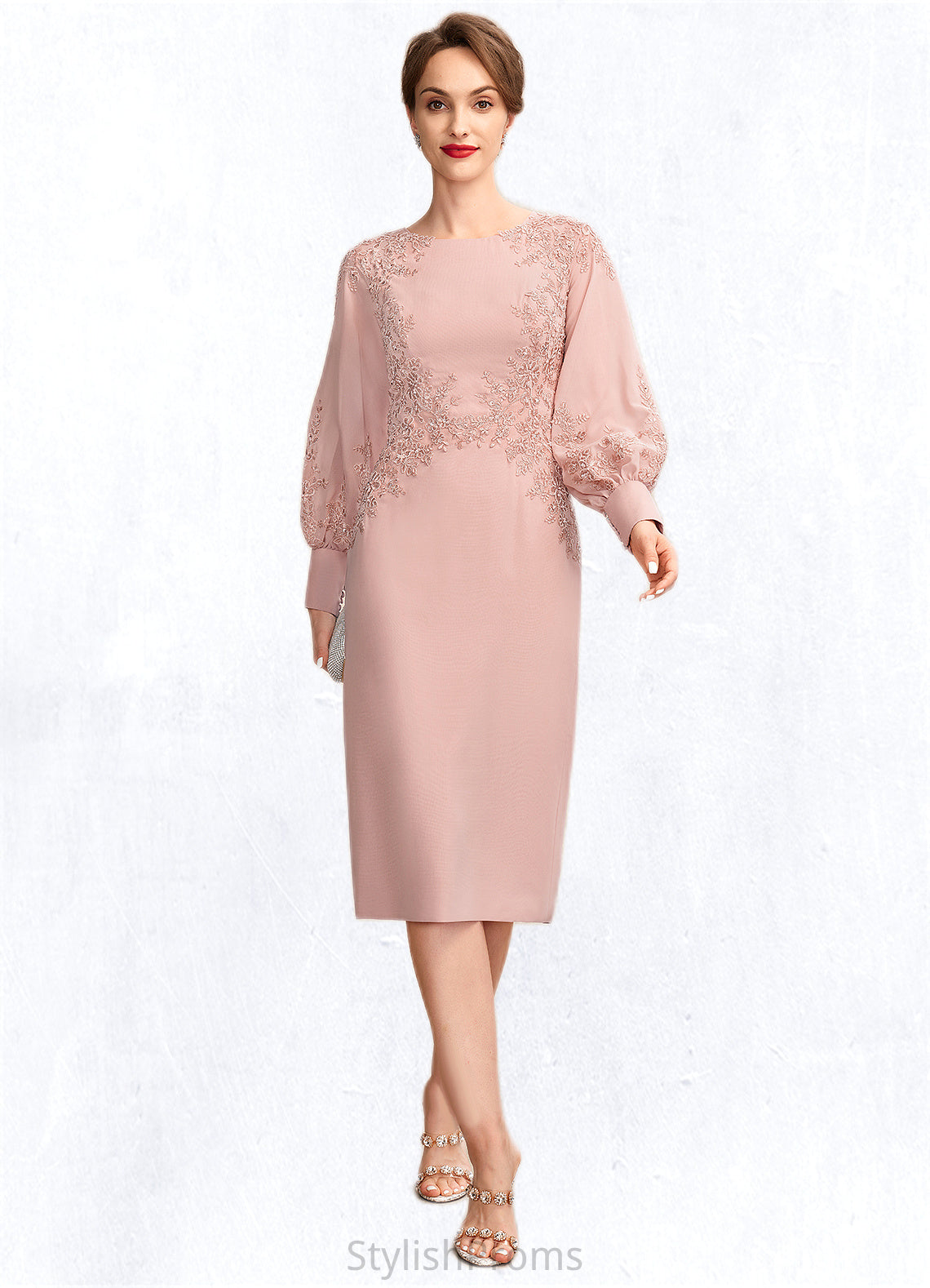 Taniya Sheath/Column Scoop Neck Knee-Length Chiffon Lace Mother of the Bride Dress With Beading Sequins HQ126P0015020