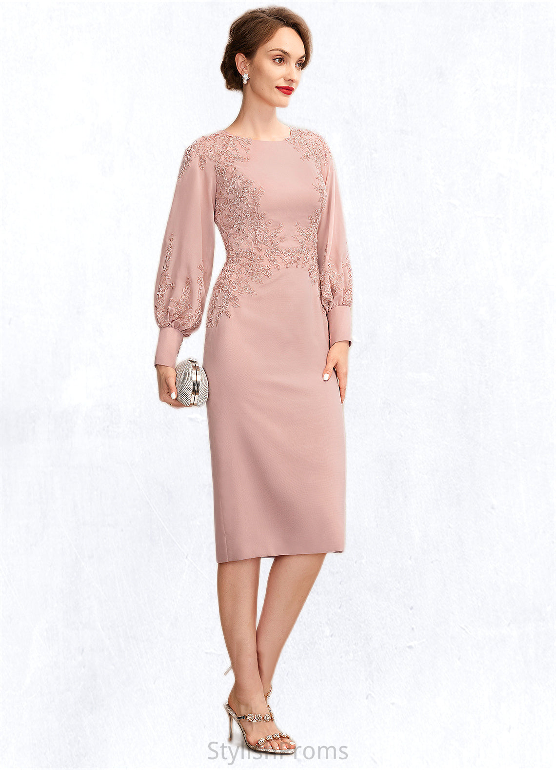 Taniya Sheath/Column Scoop Neck Knee-Length Chiffon Lace Mother of the Bride Dress With Beading Sequins HQ126P0015020