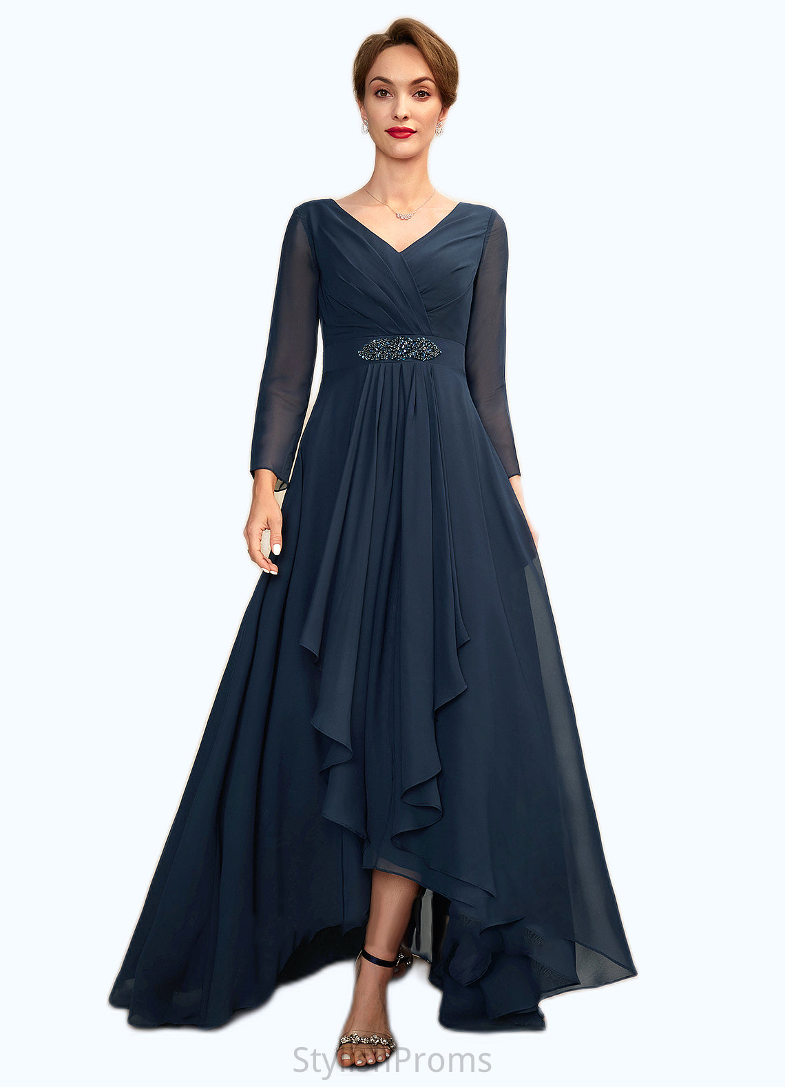 Giselle A-Line V-neck Asymmetrical Chiffon Mother of the Bride Dress With Ruffle Beading Bow(s) HQ126P0015021