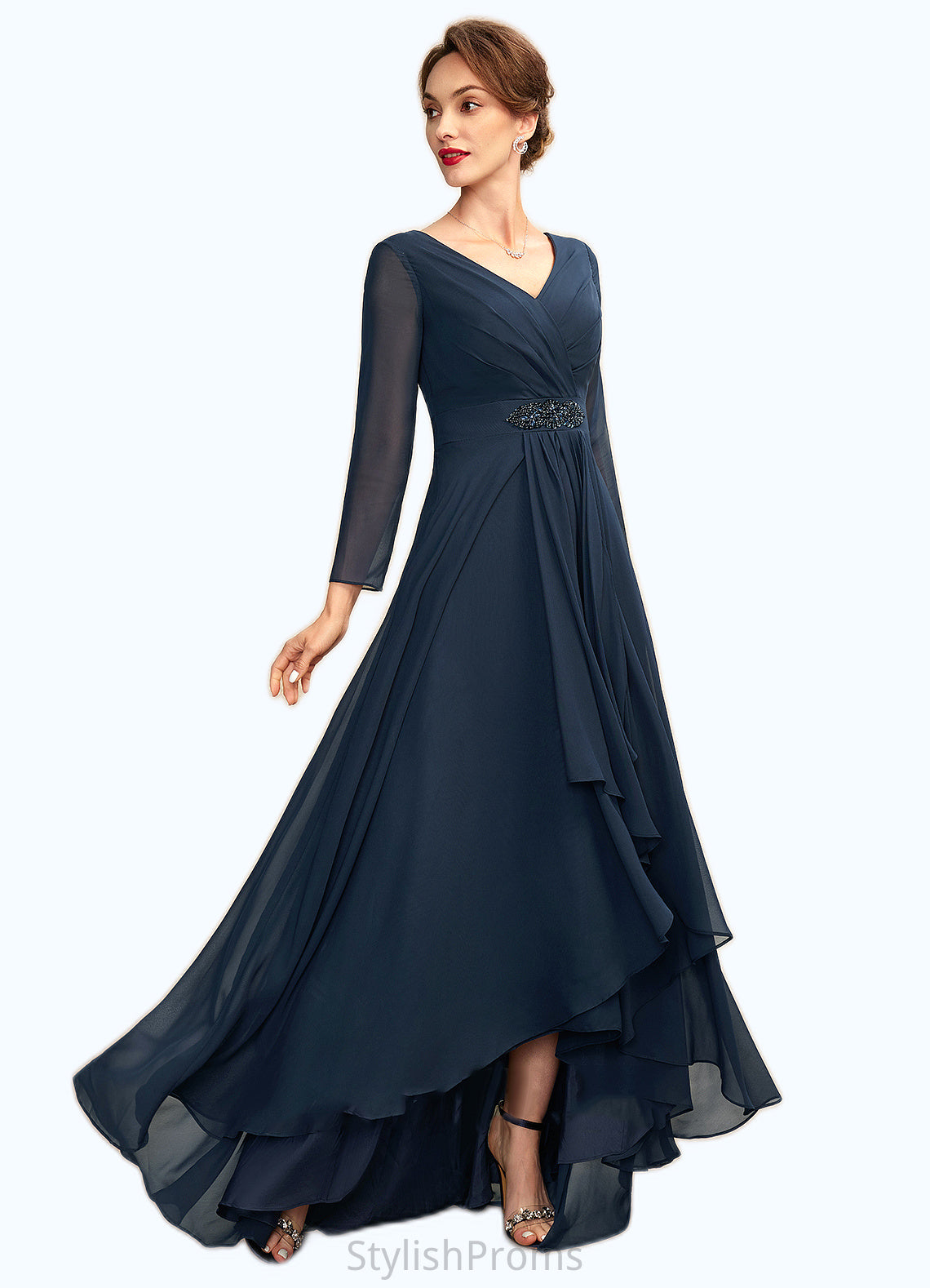 Giselle A-Line V-neck Asymmetrical Chiffon Mother of the Bride Dress With Ruffle Beading Bow(s) HQ126P0015021