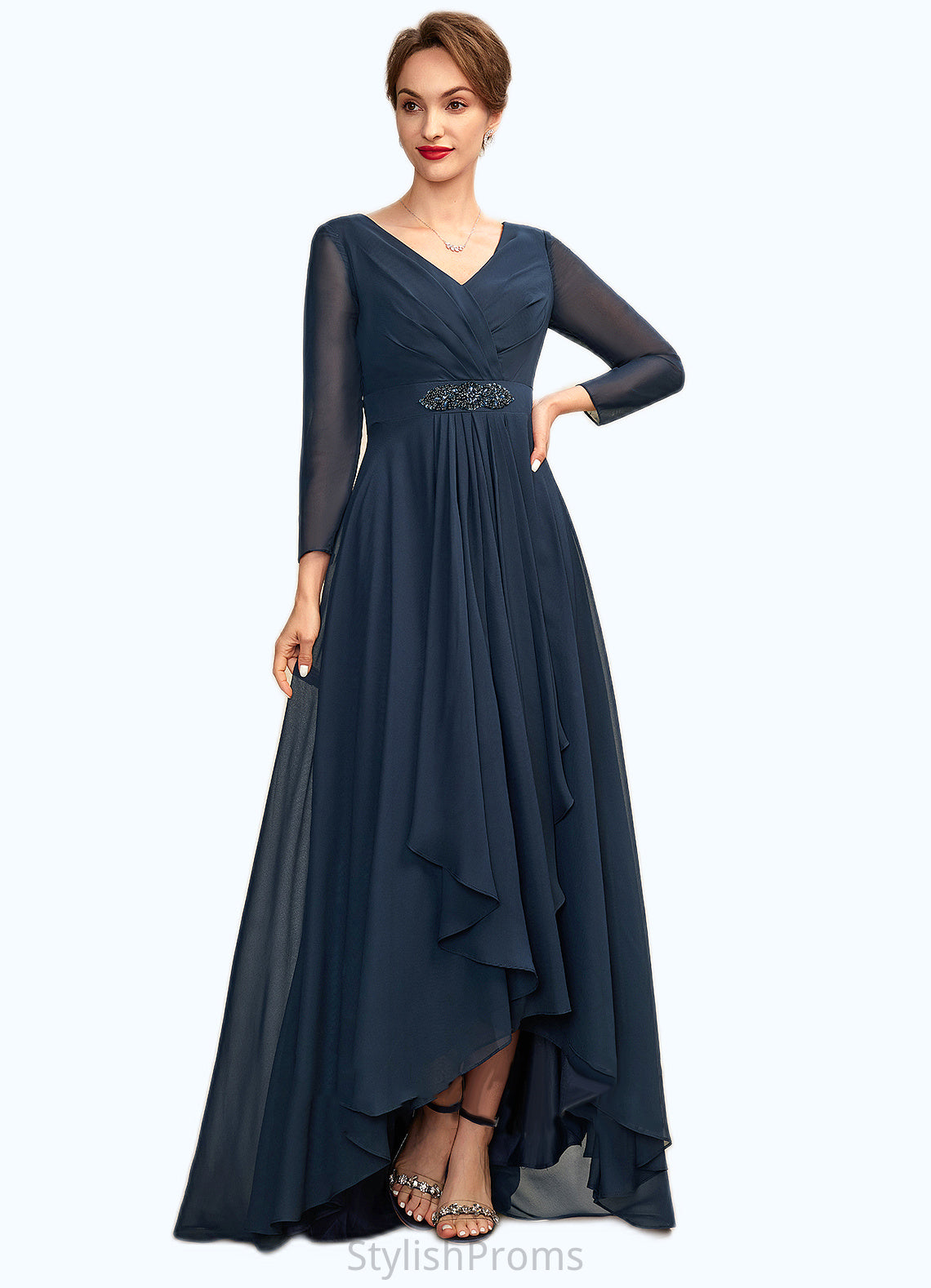 Giselle A-Line V-neck Asymmetrical Chiffon Mother of the Bride Dress With Ruffle Beading Bow(s) HQ126P0015021