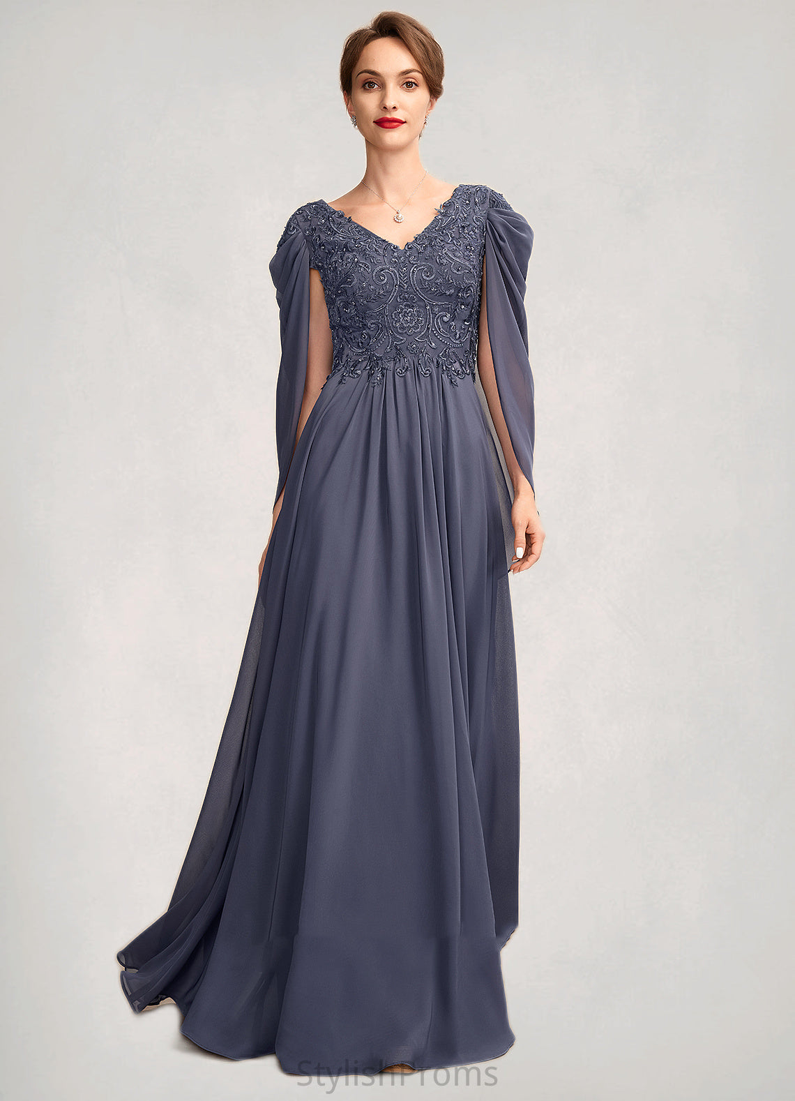 Libby A-Line V-neck Floor-Length Chiffon Lace Mother of the Bride Dress With Beading Sequins HQ126P0015022