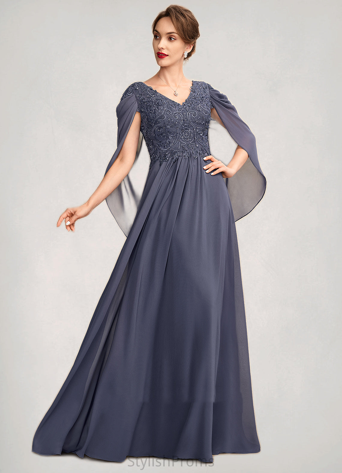 Libby A-Line V-neck Floor-Length Chiffon Lace Mother of the Bride Dress With Beading Sequins HQ126P0015022