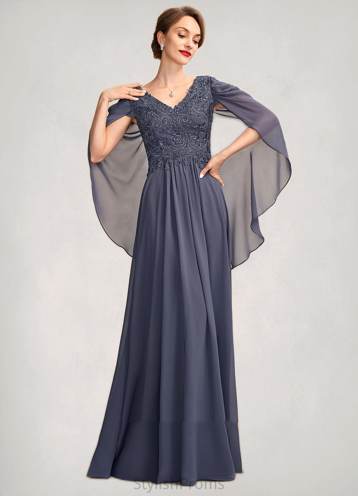 Libby A-Line V-neck Floor-Length Chiffon Lace Mother of the Bride Dress With Beading Sequins HQ126P0015022