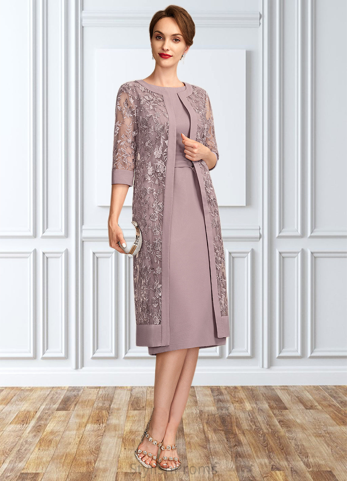 Michaela Sheath/Column Scoop Neck Knee-Length Chiffon Mother of the Bride Dress With Ruffle Sequins HQ126P0015023