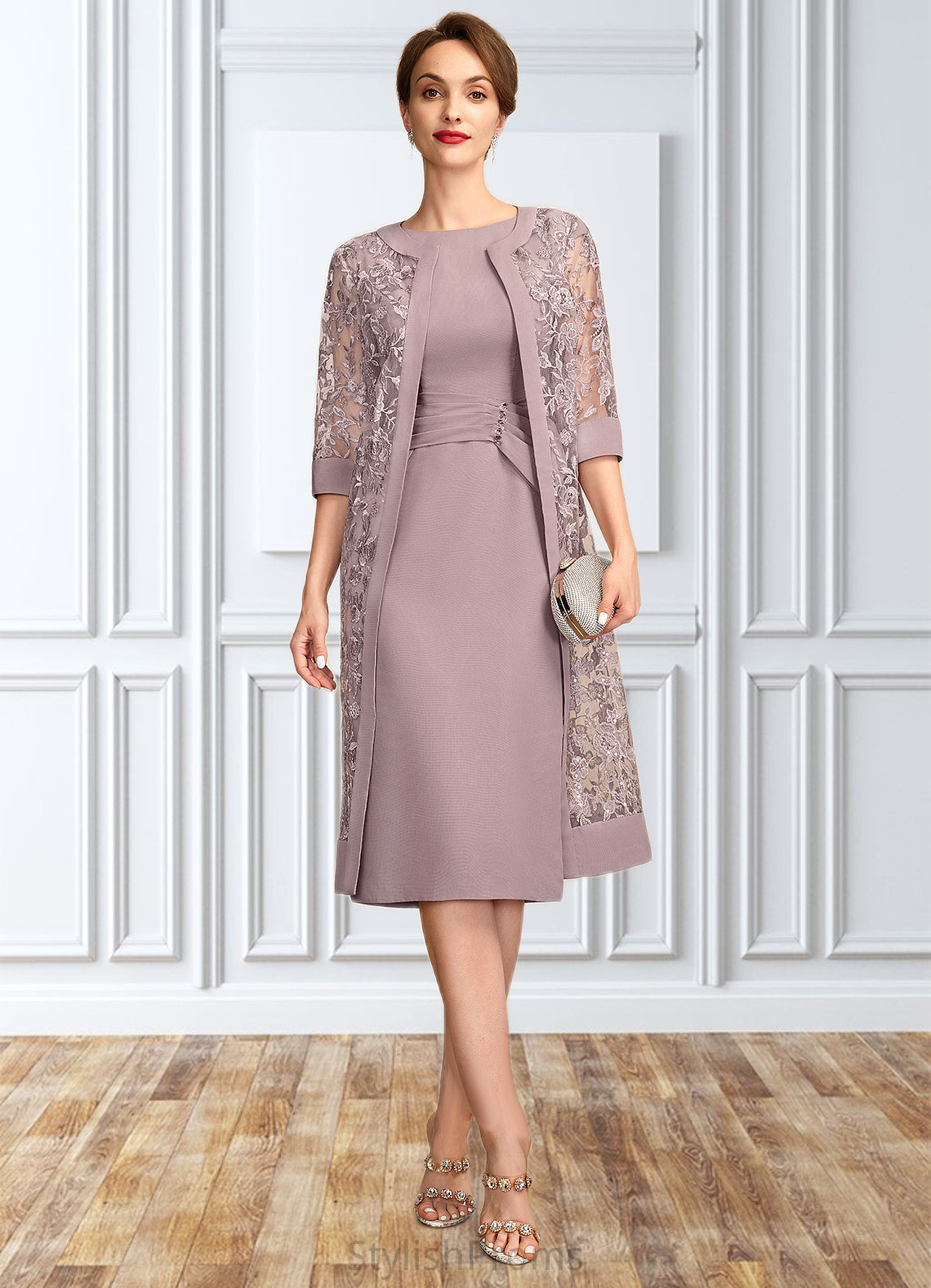 Michaela Sheath/Column Scoop Neck Knee-Length Chiffon Mother of the Bride Dress With Ruffle Sequins HQ126P0015023