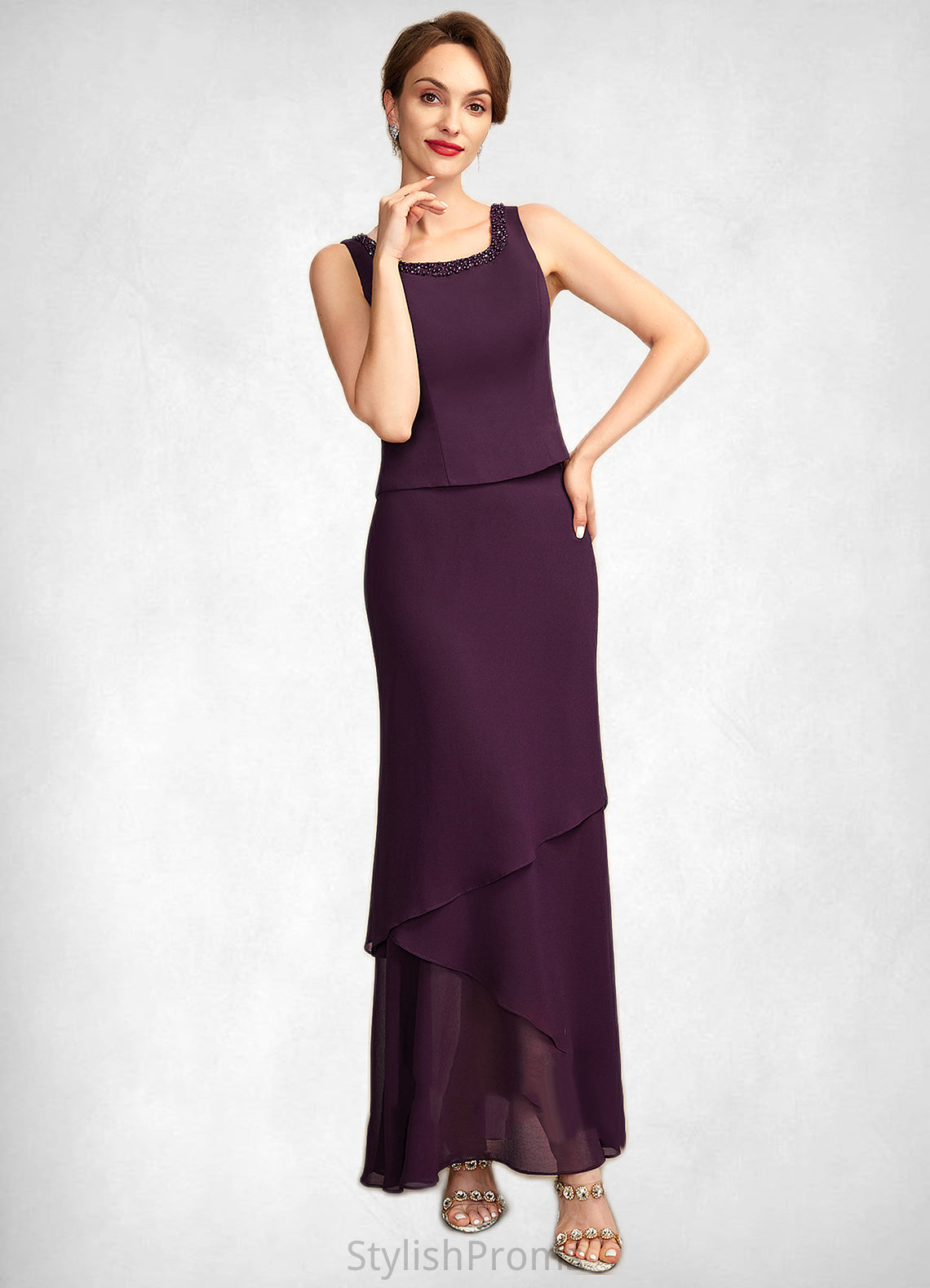 Autumn Sheath/Column Scoop Neck Ankle-Length Chiffon Mother of the Bride Dress With Beading Sequins HQ126P0015024