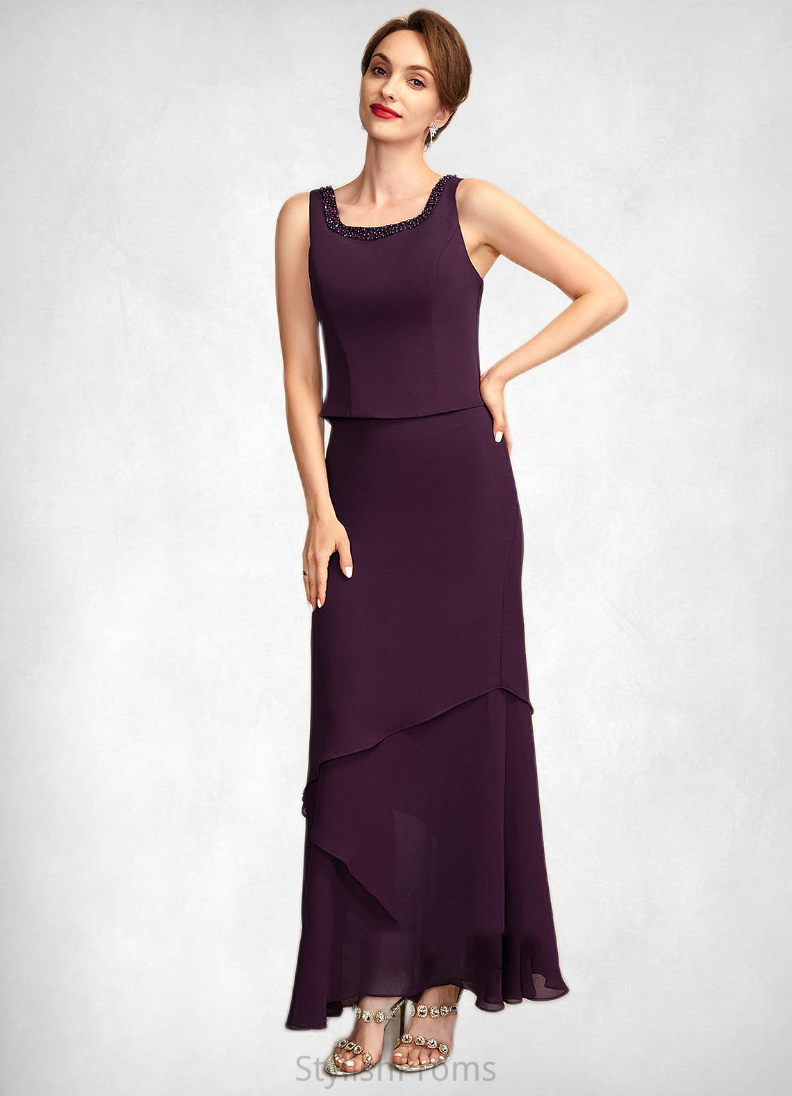 Autumn Sheath/Column Scoop Neck Ankle-Length Chiffon Mother of the Bride Dress With Beading Sequins HQ126P0015024