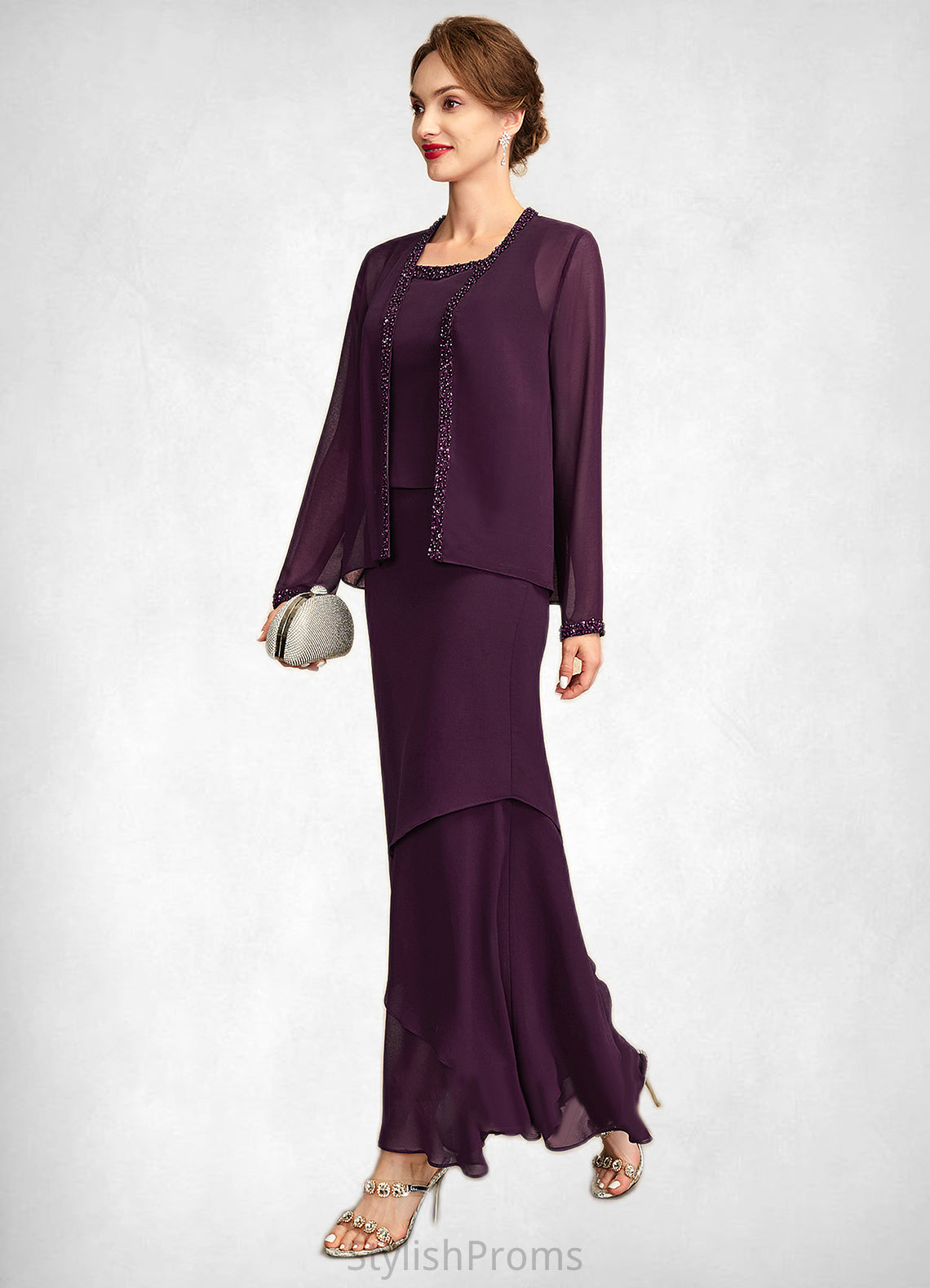 Autumn Sheath/Column Scoop Neck Ankle-Length Chiffon Mother of the Bride Dress With Beading Sequins HQ126P0015024